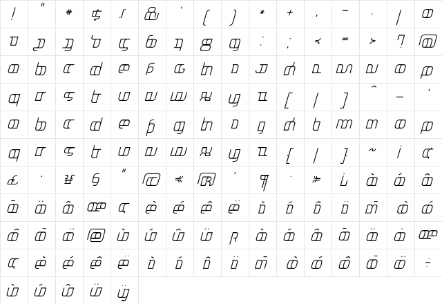Jakone Italic  glyph index