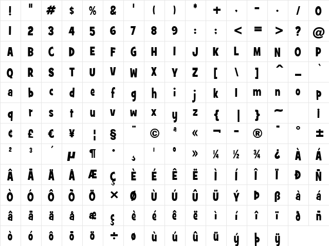 GrilledCheese BTN Cn Bold  glyph index