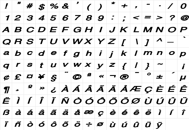 Alps Extended Bold Italic  glyph index