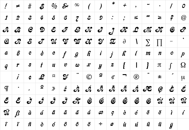 Calligraphia DB Medium  glyph index