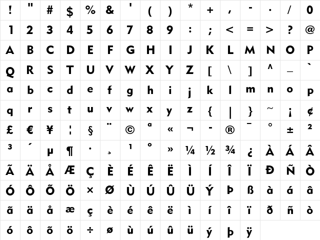 MetroBlack LT Two Regular  glyph index