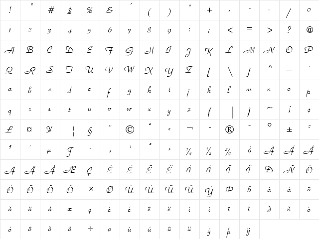 ParkAvenue LT Italic  glyph index