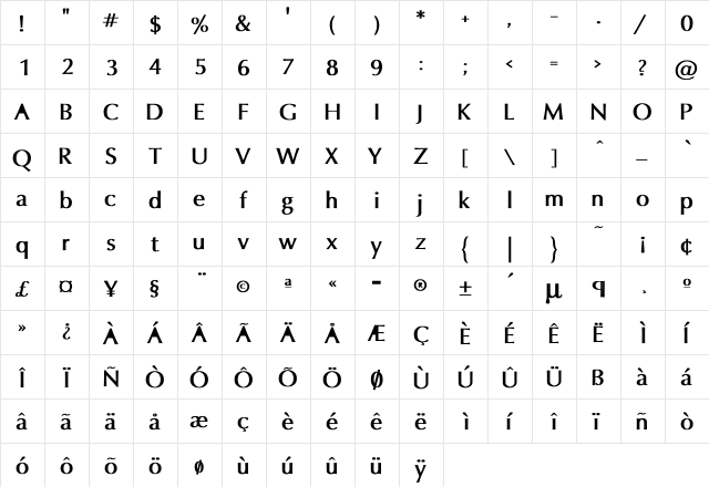 Oxford Bold Bold  glyph index