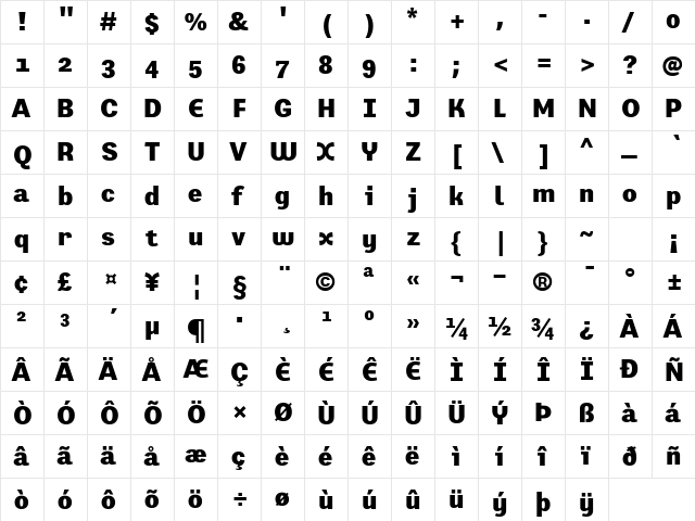 PrefaceBlack Regular  glyph index