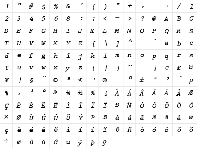 Prestige Elite Bold-Oblique  glyph index