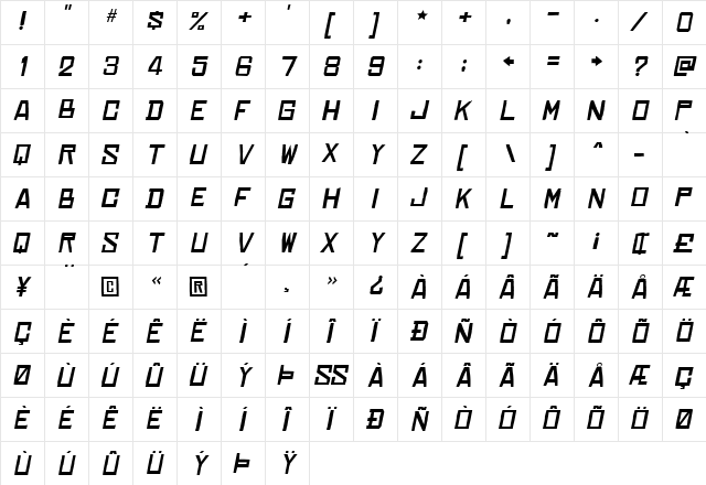 Chinese Rocks Xp Italic  glyph index