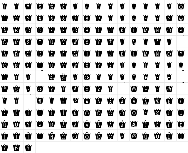 SF Buttacup Regular  glyph index