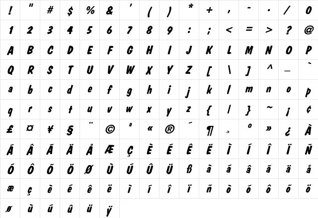 DomCasual-Bold Italic Italic  glyph index