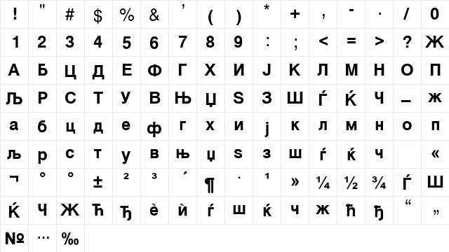 Slir New Bold  glyph index