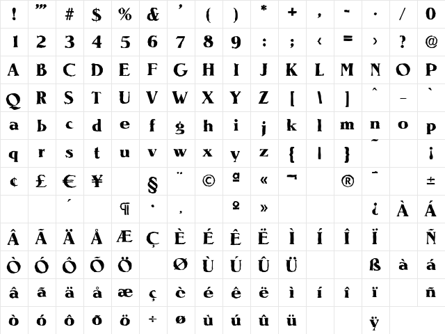 NevadaAntique-Xbold Regular  glyph index