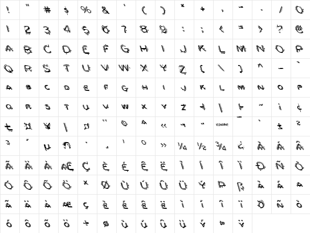 Berserker Leftalic Italic  glyph index