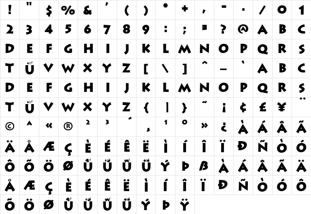 GreeceBlack Regular  glyph index