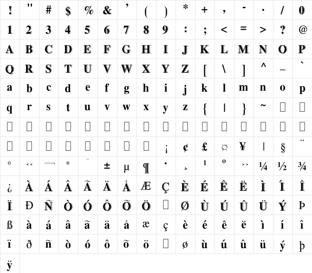 BD Journal Wide Regular  glyph index