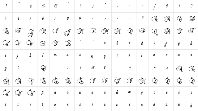 Dubarry Regular  glyph index