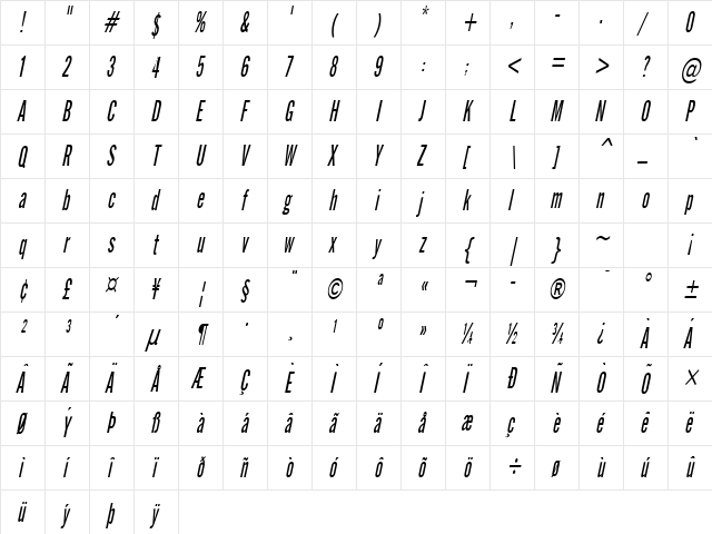 Eng Gothic Thin Italic  glyph index