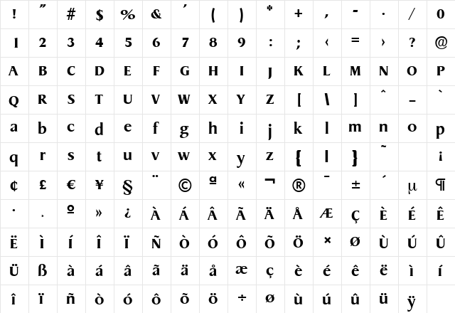 DragonSerial-Xbold Regular  glyph index