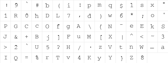 SecretCode-Normal Regular  glyph index