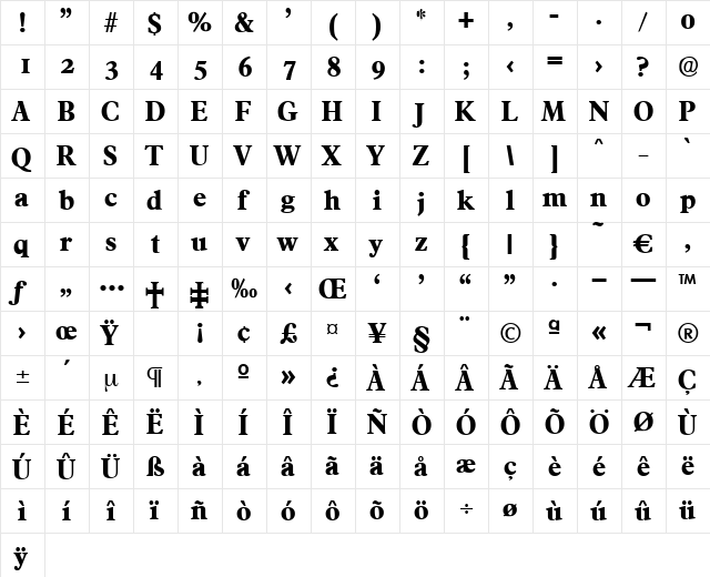 Francisco-Bold Regular  glyph index