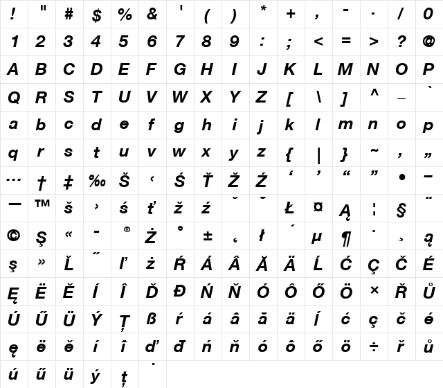 Helvetica CE 55 Roman Bold Italic  glyph index