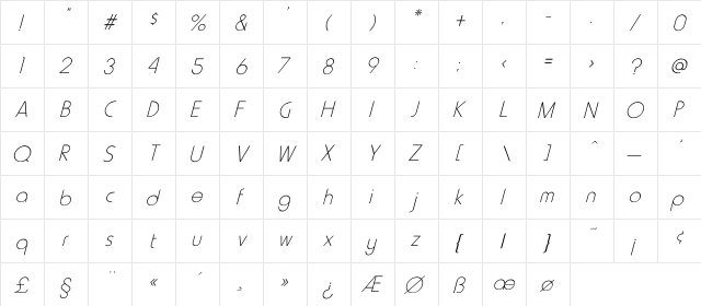 Howard-Light Italic Italic  glyph index