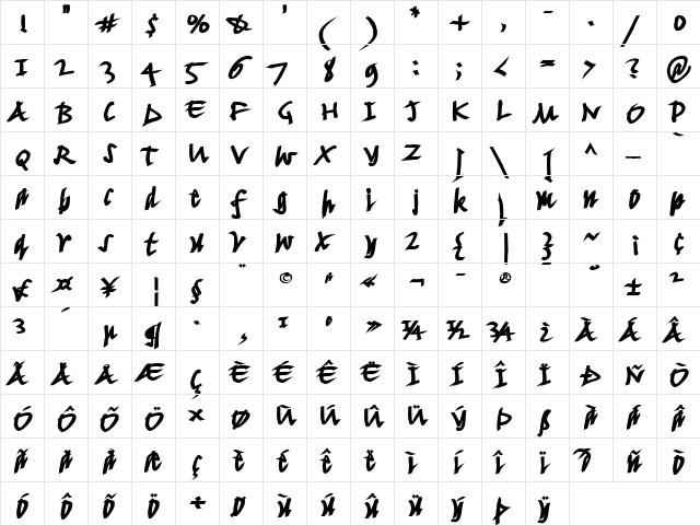 FancyWriting-Mega Regular  glyph index