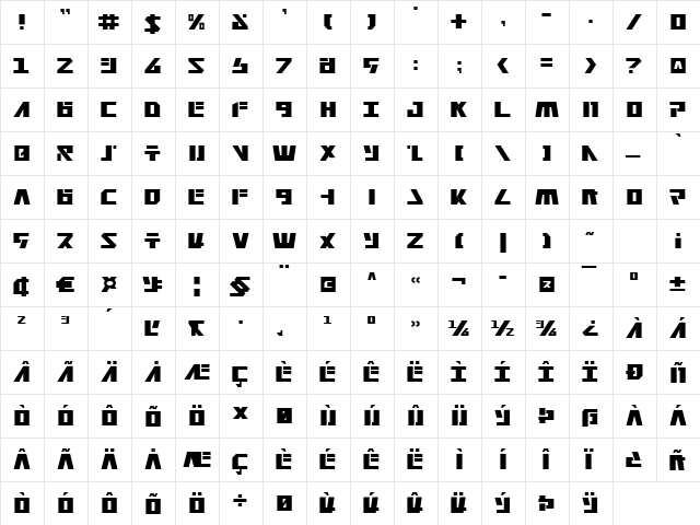Falconhead Regular  glyph index