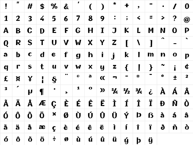 Champigna Bold  glyph index