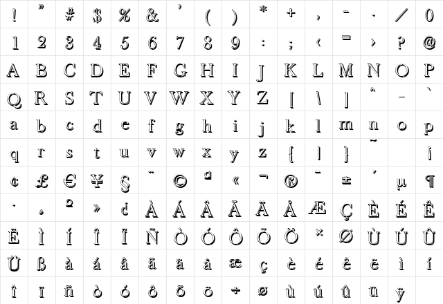 BaskerOldShadow-Light Regular  glyph index