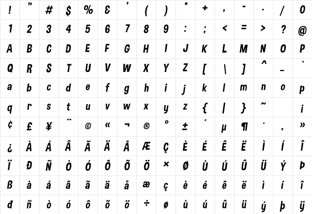 Dimbo Italic  glyph index