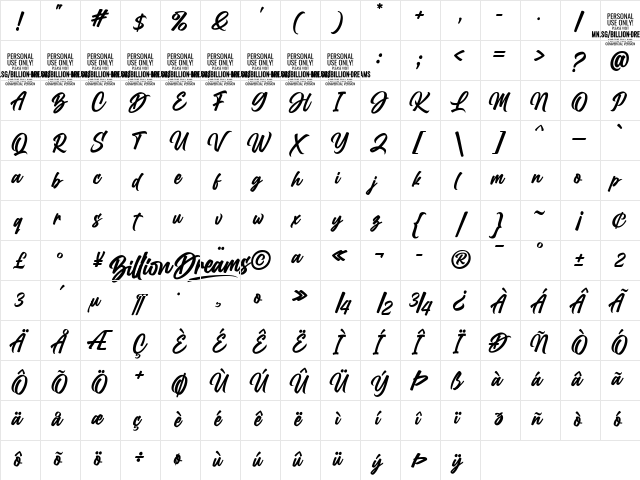 Billion Dreams Regular  glyph index