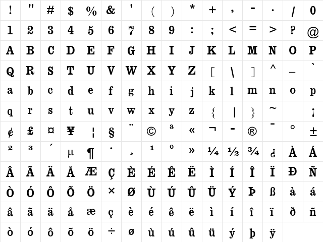 Clarendon MT Std Regular  glyph index
