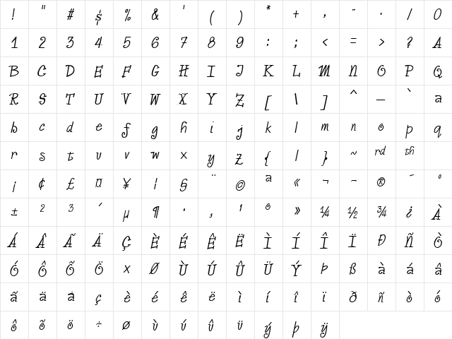 Vassallo Regular  glyph index