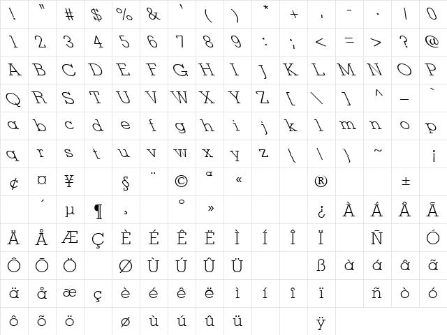 Treaties 9 Regular  glyph index