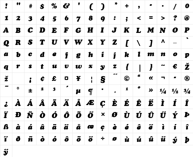 CooperBlack LT Italic Regular  glyph index