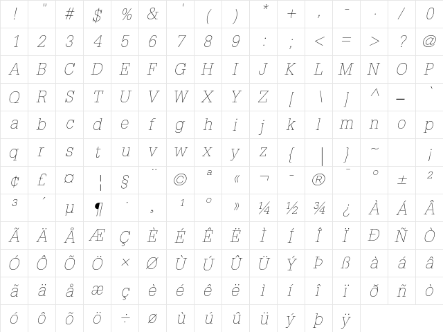 Glypha LT Std 35 Thin Oblique  glyph index