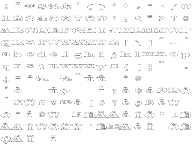 Latin-WideExt-Normal Hollow Regular  glyph index