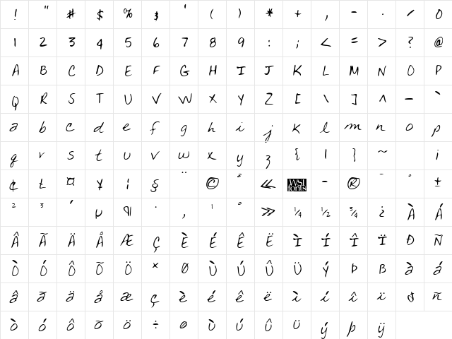 TanyasHand Regular  glyph index