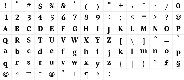 Artemius TT Bold  glyph index