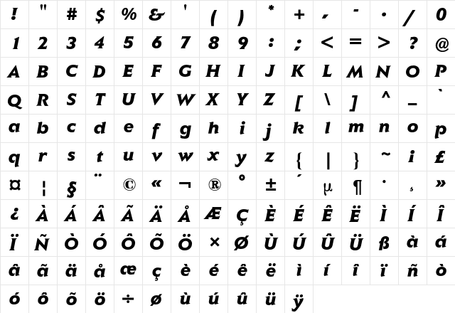 Elan BQ Regular  glyph index