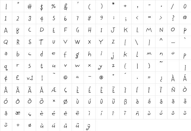 BethsCuteHmkBold Regular  glyph index