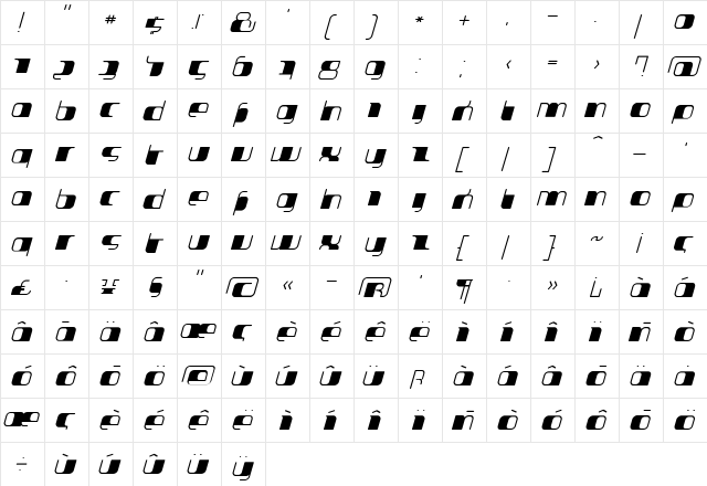 Jakone Italic  glyph index