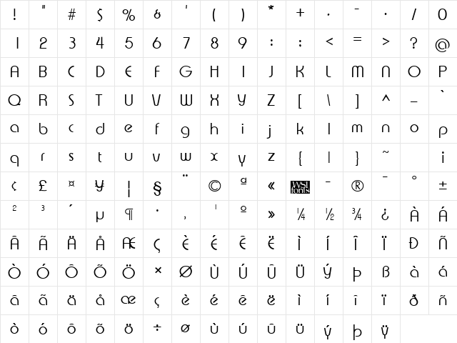 XpressiveLight Regular  glyph index