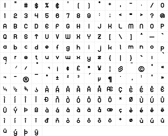 Kelly Bold  glyph index