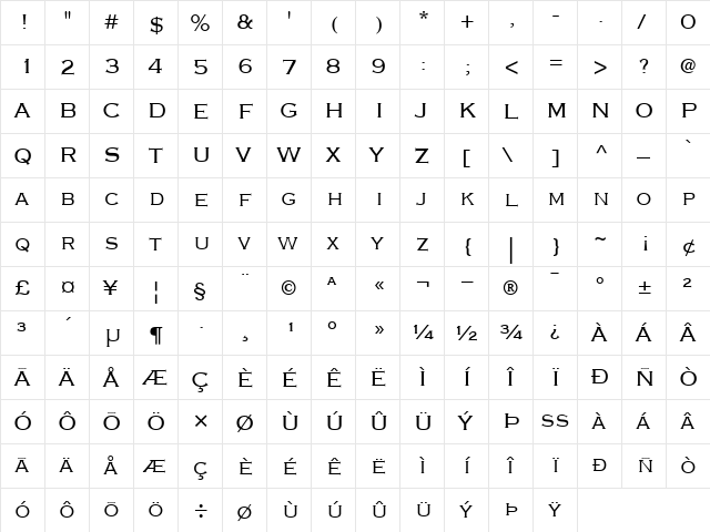 CopperplateGothicThirty-TwoBC Roman  glyph index