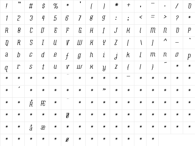 FlashBoy Regular  glyph index