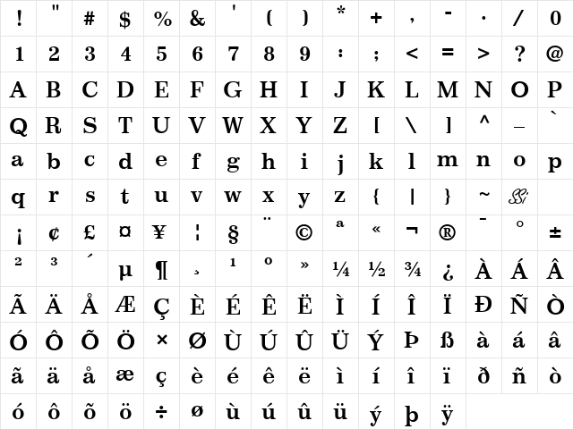 Classic SSi Bold  glyph index