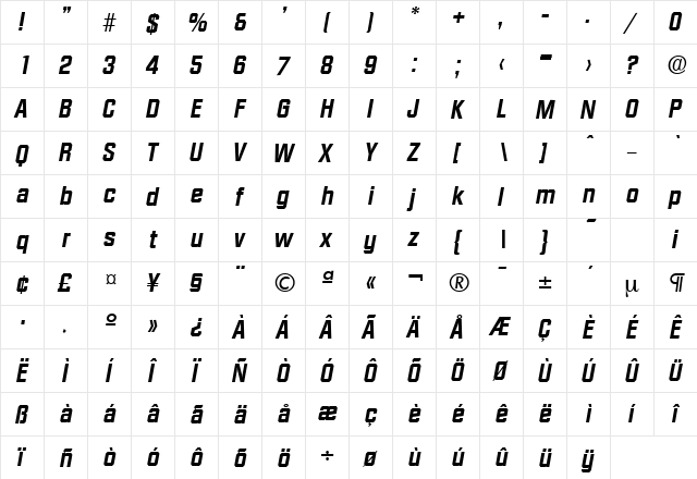 Diamante-Serial BoldItalic  glyph index