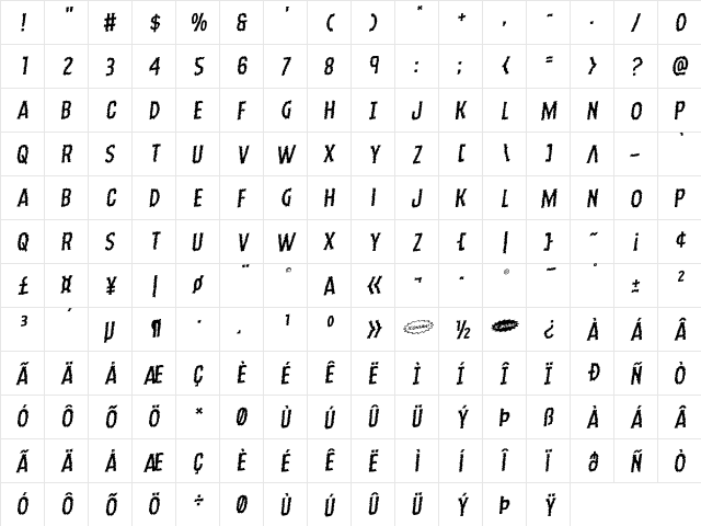 Ampire Rotalic Italic  glyph index