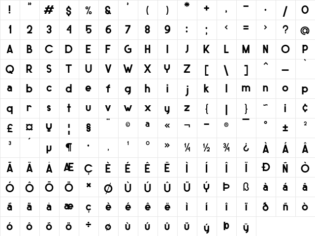 SUNDAY Personal use Regular  glyph index