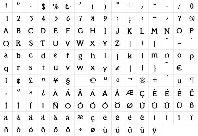 Veracruz-Medium Regular  glyph index